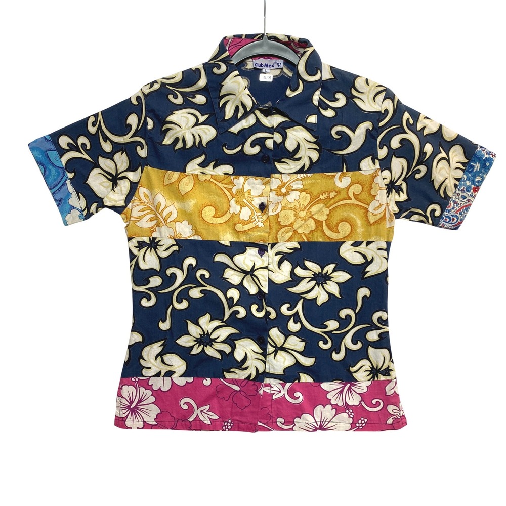 Club Med Shirt Womens Large Short Sleeve Floral Patchwork Button Up 100% Cotton